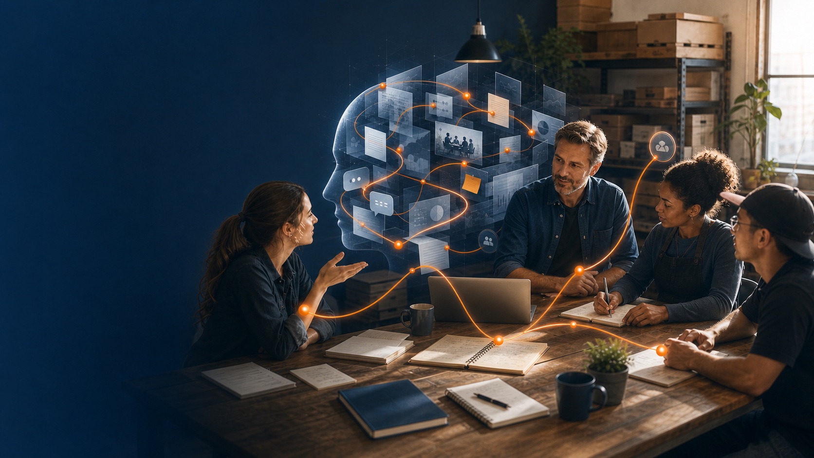 A business second brain: institutional knowledge flowing out of the owner's head into a connected system linking strategy, business development, content, and product decisions
