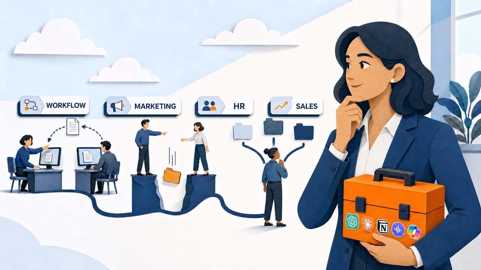 Illustration: employees using AI separately in siloed groups labeled Workflow, Marketing, HR, and Sales, while a business owner holds a toolbox of AI apps, weighing how to bring the effort together